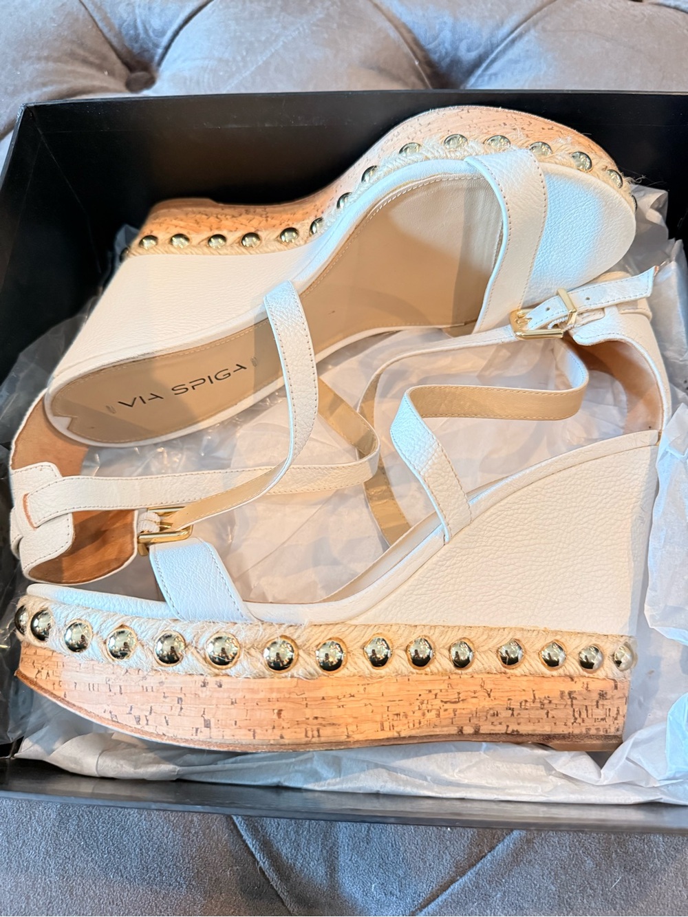 Via Spiga White Leather Wedge Sandals with Gold Studs